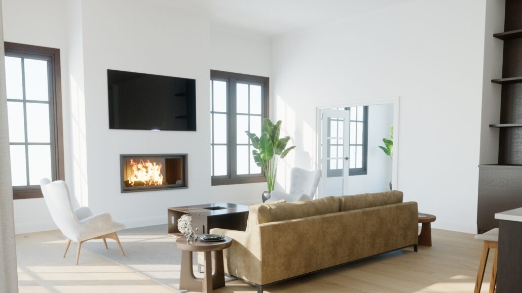 Magnolia Carmel Living Room Area Facing TV and Fireplace