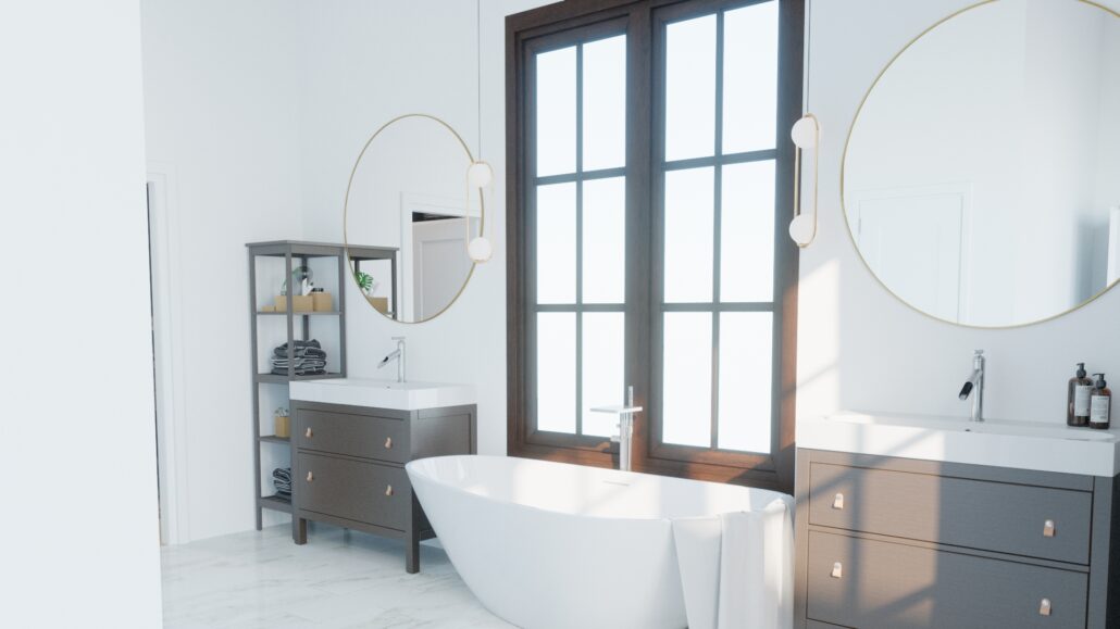 Magnolia Carmel Bathroom with White Tub and a Sink and Mirror on Each Side